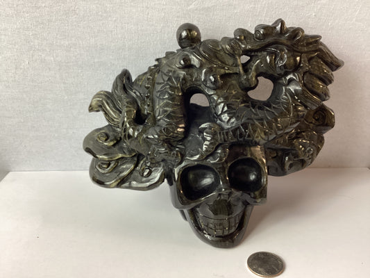 GOLDEN OBSIDIAN SKULL WITH DRAGON HEADPIECE-Power, Wisdom, and Protection