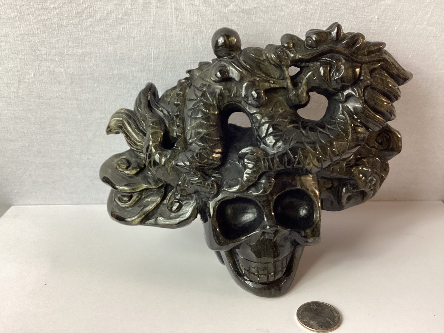 GOLDEN OBSIDIAN SKULL WITH DRAGON HEADPIECE-Power, Wisdom, and Protection